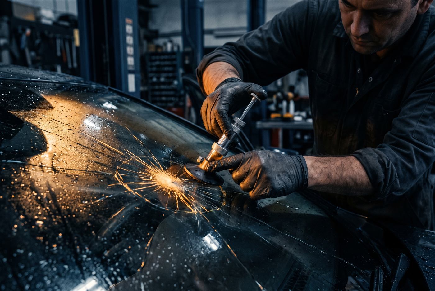 Autoglas-Reparatur: Steinschlag in der Windschutzscheibe wird mit Harz-Injektor repariert