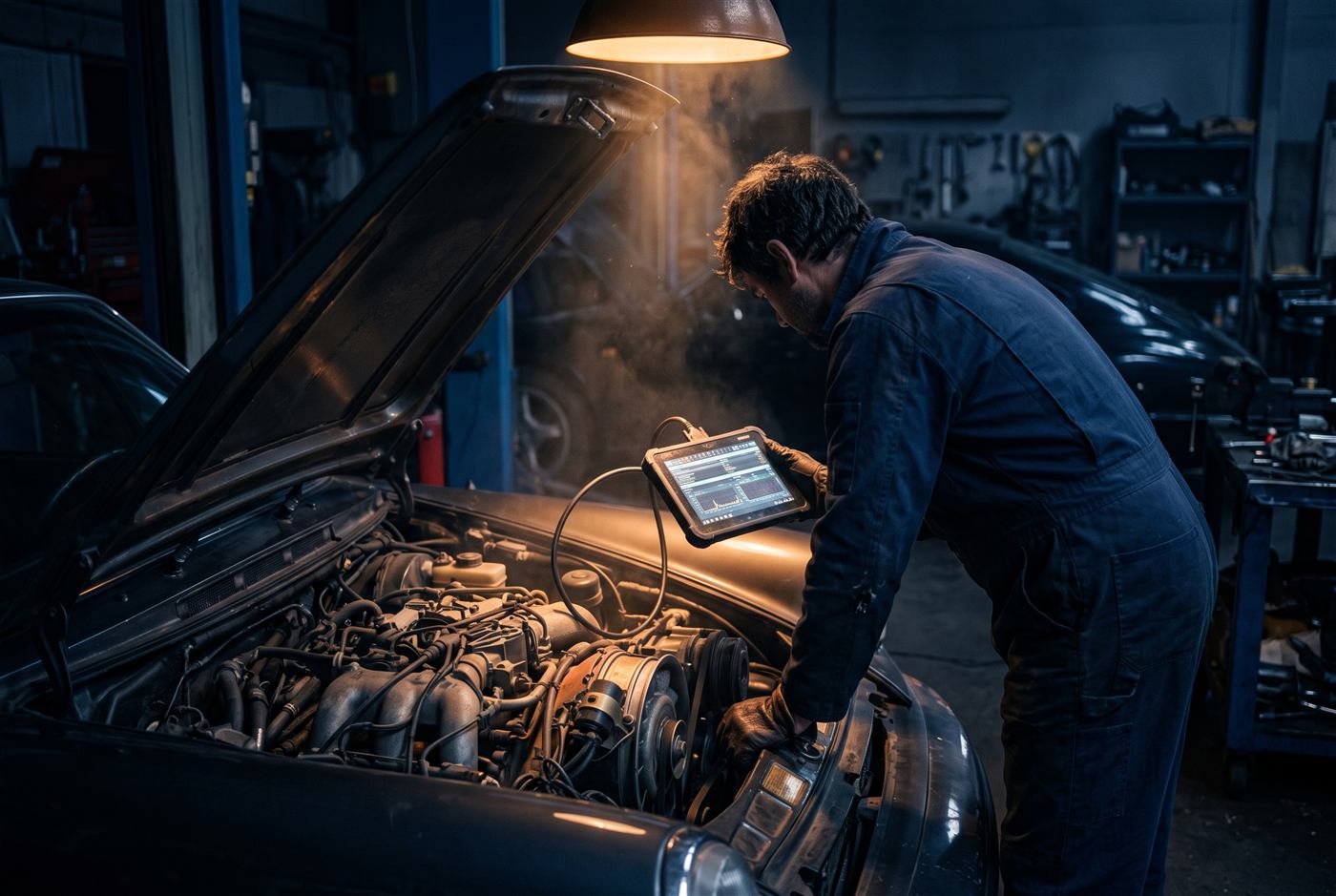 Mechaniker prüft mit Diagnose-Tablet den Motorraum eines Fahrzeugs