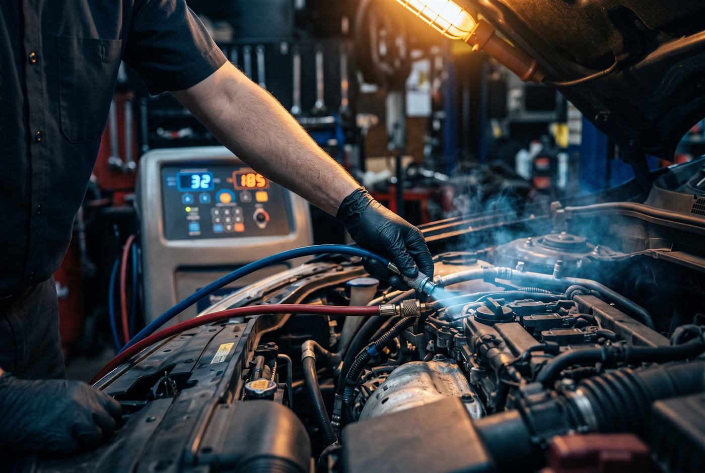 Klimaanlagenservice: Servicegerät wird an den Anschluss im Motorraum angeschlossen